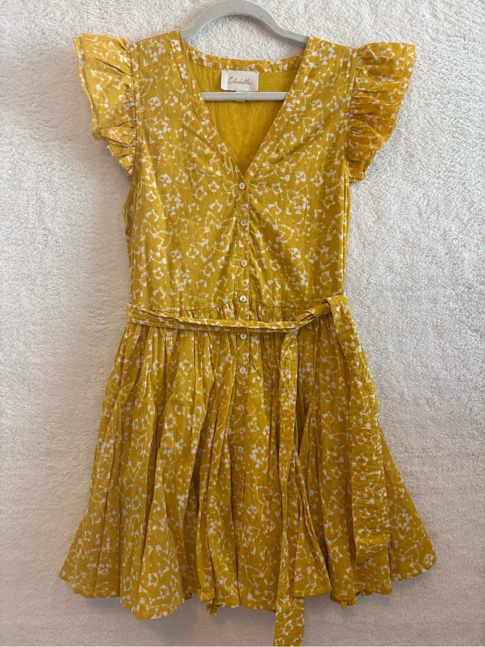Cleobella Zia Mini Dress Cassia Yellow Floral Flutter Sleeve Cotton Small